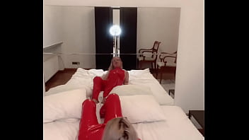 Lick Oil off ass dancing in red catsuit liquid