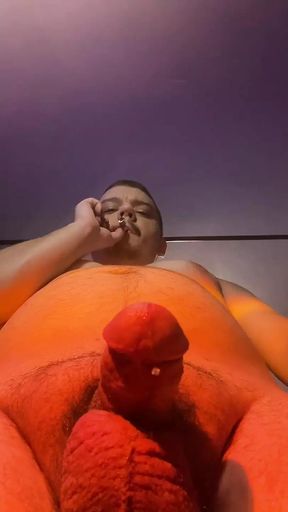 POV smoking and stroking small cock dripping precum with big cumshot