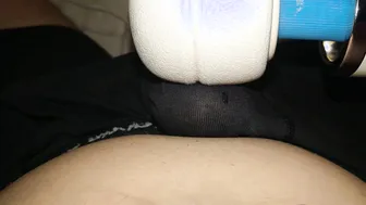 Guy Uses Magic Wand Vibrator on Big Cock Through Underwear