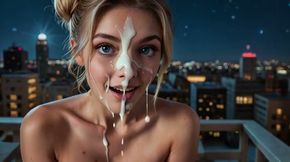Blonde Chloe Gets Her Face Covered On The Moonlit Balcony
