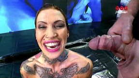 Tattooed Slut Gulps Piss and Cocks in Extreme Ggg Bukkake