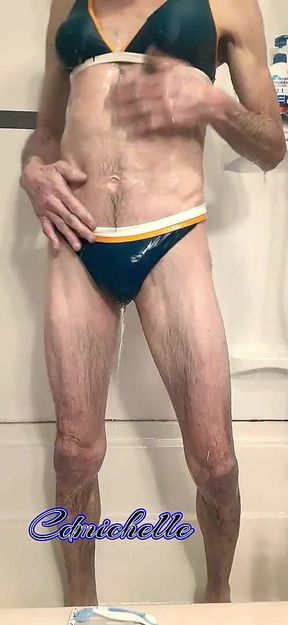 Crossdresser Cdmichell Wearing Blue Two Piece Swimsuit