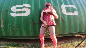 Big soft fake tits crossdresser having jacking off by a shipping container