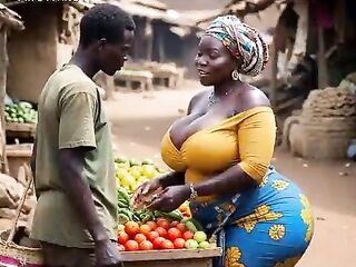 African hawt [AI - Generated] big boobs big butt thick black naija sexually excited hot mature MILF ebony house wife banged raw in the market square by her customer raw, no bang-rubber