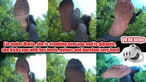 VR 3D 8k - Lie under Maria, she's standing over you and is gigantic, kicking you hard with her heels, nylons, and bare feet