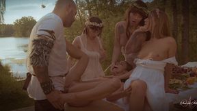 the offering of four horny nymphs outdoor orgy