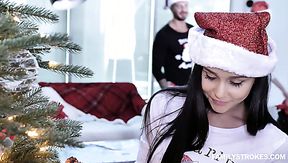 Hot babe makes Santa eat her pussy good and then she fucks him