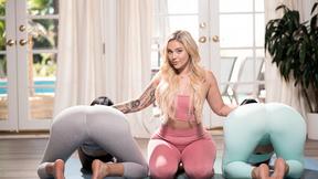 ”Satisfying yoga instructor Kali seduces hot Carolina & Violet”