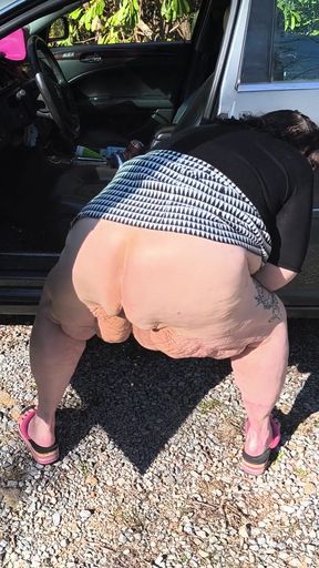 Pissing Whore in the Woods in the Car Door Wide Open Getting Caught She&#039;s a Hoping