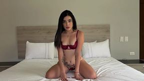 Long Hair Latina In Burgundy Lace Puts On A Show For The Camera
