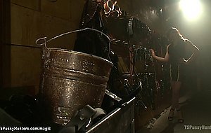 Trans domme fucks bound employee