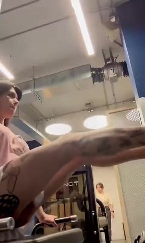 Public gym trans woman shows off her big dick and muscles while getting a cumsho