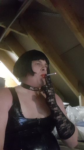 Smoking slim all white with lipstick and gloves