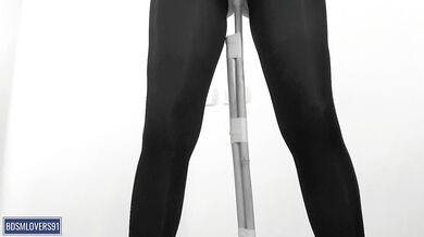 Shaking Legs in black pantyhose Standing Pole Bondage with none stop orgasms