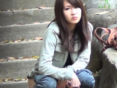 Asian whore in high heels pees behind car