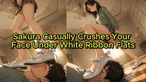Elegant Ballet Flat Domination - Sakura Casually Crushes Your Face Under White Ribbon Flats