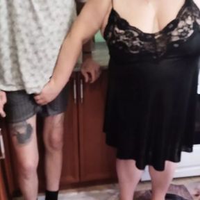 before lunch, my mother-in-law jerks off my dick to a cumshot