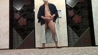 Naked cumshot in public hotel elevator