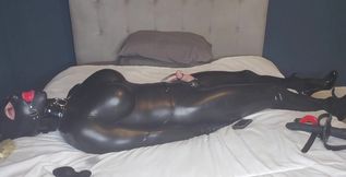 Leather sissy likes bondage