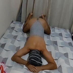 Ladysilva Crossdresser in Striped Bodysuit Showing off Her Hot Ass in Bed