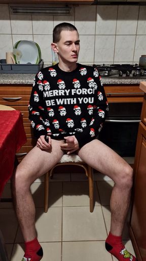 I masturbated my big cock in the kitchen dressed in my Christmas sweater