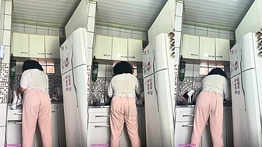 Chubby Housewife Farting While Washing Dishes Voyeur Style