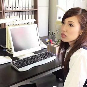 Japanese brunette office lady Yura Hitomi cock sucked and dildo playing in office uncensored.