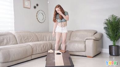 Red head Eviee rides game winner's thick cock in beanbag toss party
