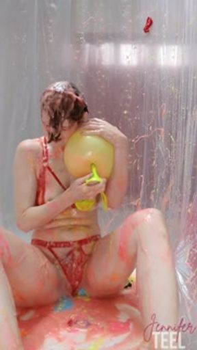 Naughty Jennifer Pops Balloons Filled With Gunge