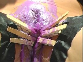 Hot brunette with her big tits bound till bursting point