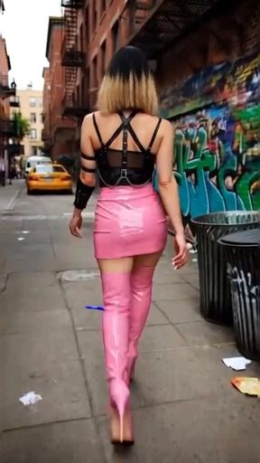 AI Pink Latex Mini Skirt and Pink Thigh-High Boots on the streets of Queen'S. This Fan, really, I Love Him Too Much!