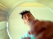 Teen with thick cock and bouncing balls cums in a cup and drinks own cum