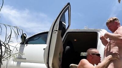 Three gay dudes pulled over to have some outdoor sex
