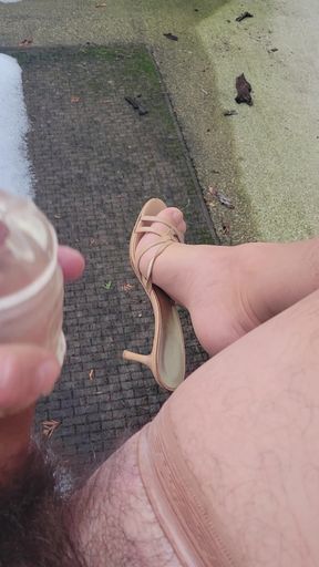 Wearing Nylons and Heels Outside Jacking Off