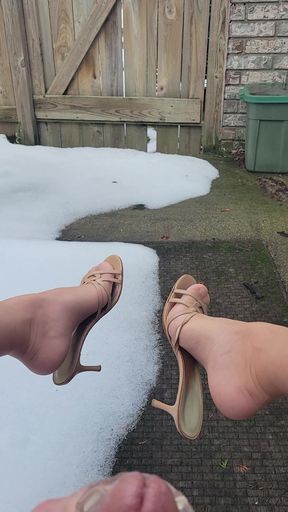 Wearing Nylons and Heels Outside Jacking Off