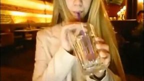 My kinky blonde friend masturbates with a dildo in public toilet