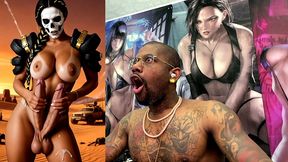 mad max double transgender cock babe jerks off and cums from both of her hard trans cocks, ai generated