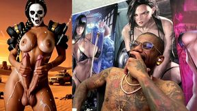 mad max double transgender cock babe jerks off and cums from both of her hard trans cocks, ai generated