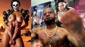 mad max double transgender cock babe jerks off and cums from both of her hard trans cocks, ai generated