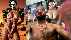 mad max double transgender cock babe jerks off and cums from both of her hard trans cocks, ai generated