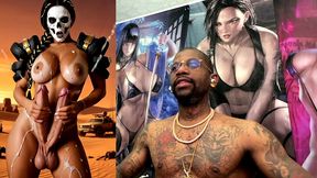 mad max double transgender cock babe jerks off and cums from both of her hard trans cocks, ai generated
