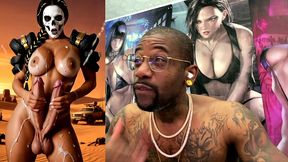 mad max double transgender cock babe jerks off and cums from both of her hard trans cocks, ai generated