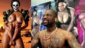 mad max double transgender cock babe jerks off and cums from both of her hard trans cocks, ai generated
