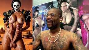 mad max double transgender cock babe jerks off and cums from both of her hard trans cocks, ai generated