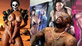 mad max double transgender cock babe jerks off and cums from both of her hard trans cocks, ai generated