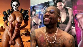 mad max double transgender cock babe jerks off and cums from both of her hard trans cocks, ai generated
