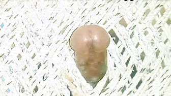 Solo guy strokes his hard cock with a toy and shoots a thick cumshot