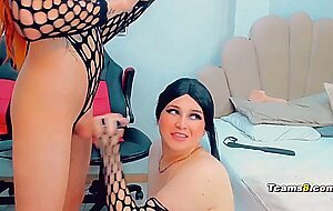 Busty trans stokes her thick, big cock