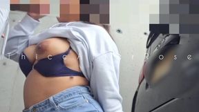 Naughty teen almost caught getting drilled behind car, gets face cumshot and loud moaning orgasm