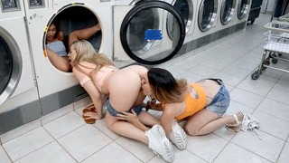 Blake Blossom, Clara Trinity and Leila LaRocco have fun in laundry